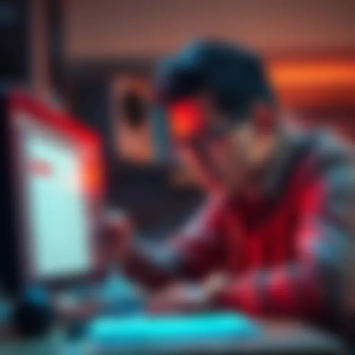 A frustrated person looking at their computer screen with a bank statement showing a missing $8,000 transfer