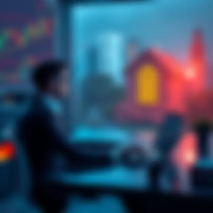 A person contemplating selling Bitcoin or Ethereum for a property purchase, sitting at a desk with a laptop and cryptocurrency charts visible