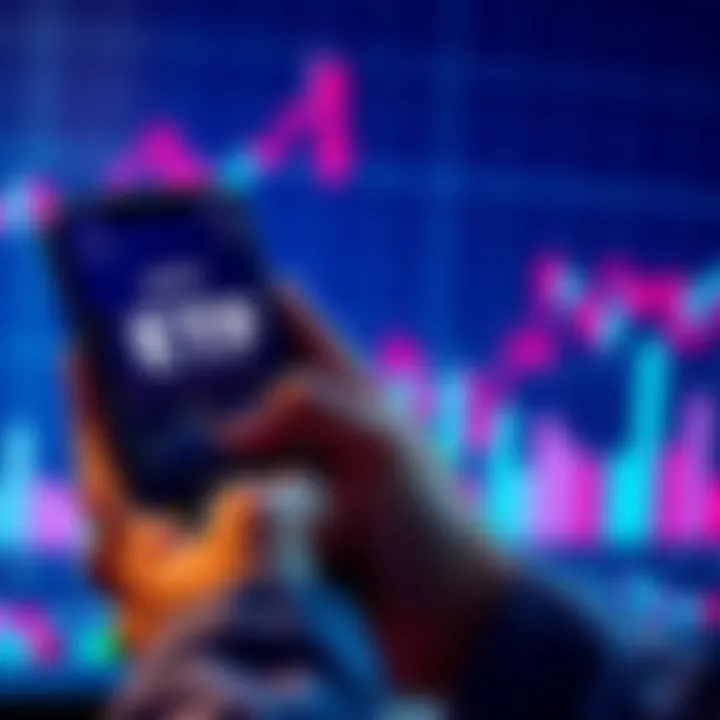 A person using a smartphone to sell ETFs like STW and IVV on the Raiz platform, with a financial graph in the background.