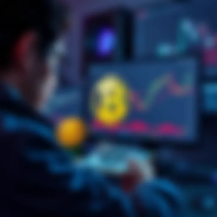 Selling PiCoin in the US A person looking at a computer screen with PiCoin trading charts and dollar bills nearby, showing the process of selling cryptocurrency