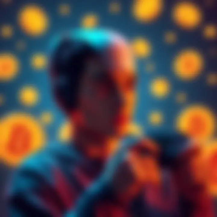 A person selling a PS5 gaming console to invest in Bitcoin, with Bitcoin symbols in the background