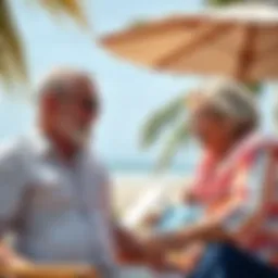 A retired couple discussing options for selling their vacation property in a sunny setting.