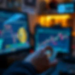 Person looking at a computer screen with Bitcoin graphics and cash