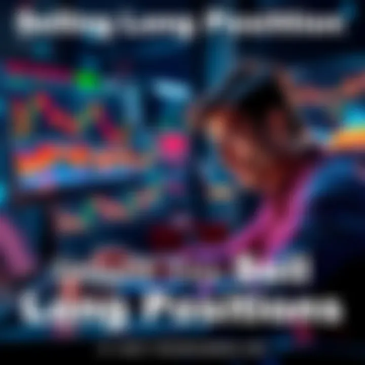 A person analyzing stock charts on a laptop with a worried expression, considering selling a long position to avoid liquidation risks.