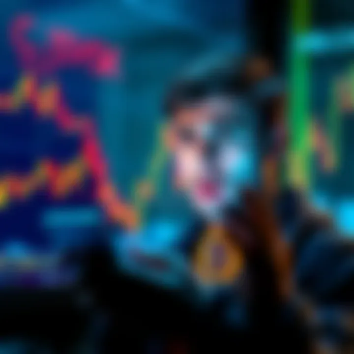 A person looking worried while checking cryptocurrency exchange platforms on their phone, with graphs showing fluctuating prices in the background.