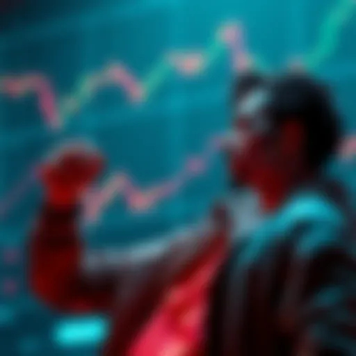A person contemplating their financial decision with tokens or coins in hand, weighing the options of selling or restaking rewards, showcasing emotional conflict, with a chart showing fluctuating valu...