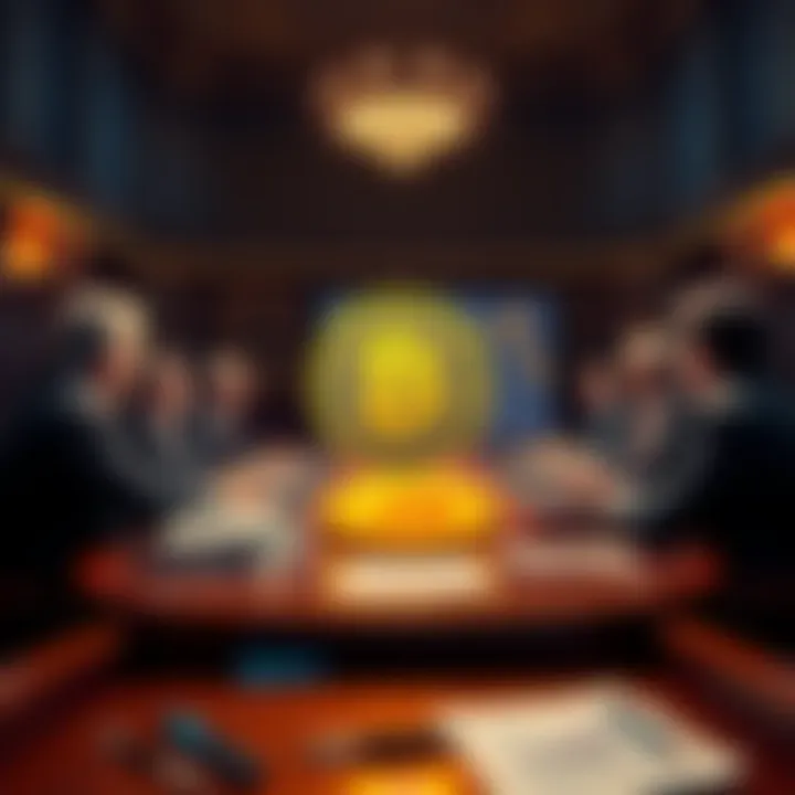 Members of the Senate Agriculture Committee discuss Bitcoin legislation at a meeting, surrounded by charts and digital currency symbols.