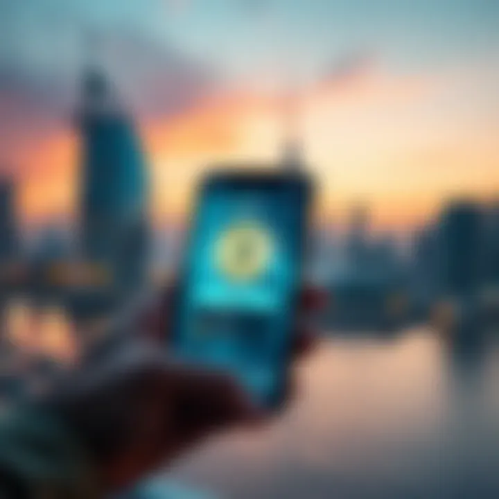 Sending Money with Crypto A person sending USDT to Dubai on a phone, showing a digital transaction, with a background of Dubai skyline