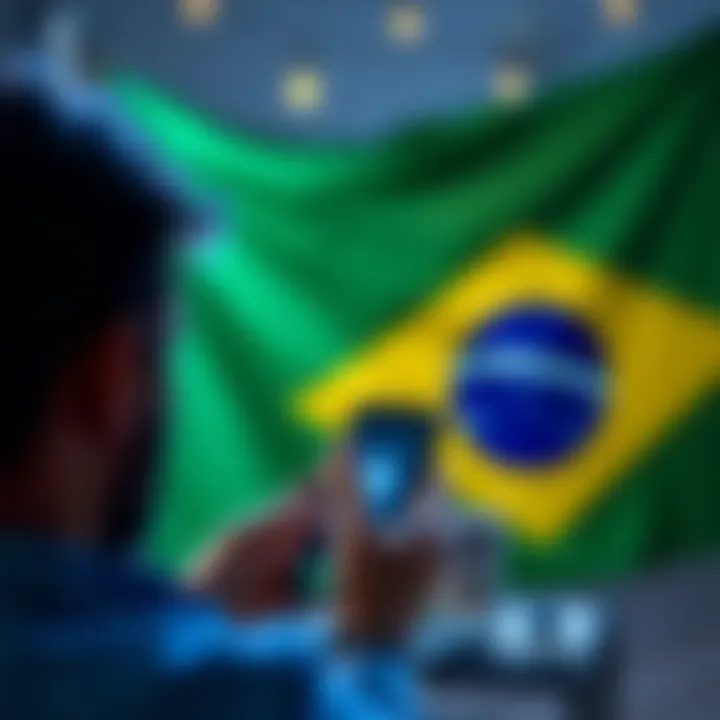 A person using a smartphone to send USDT payments internationally, with the Brazilian flag in the background.
