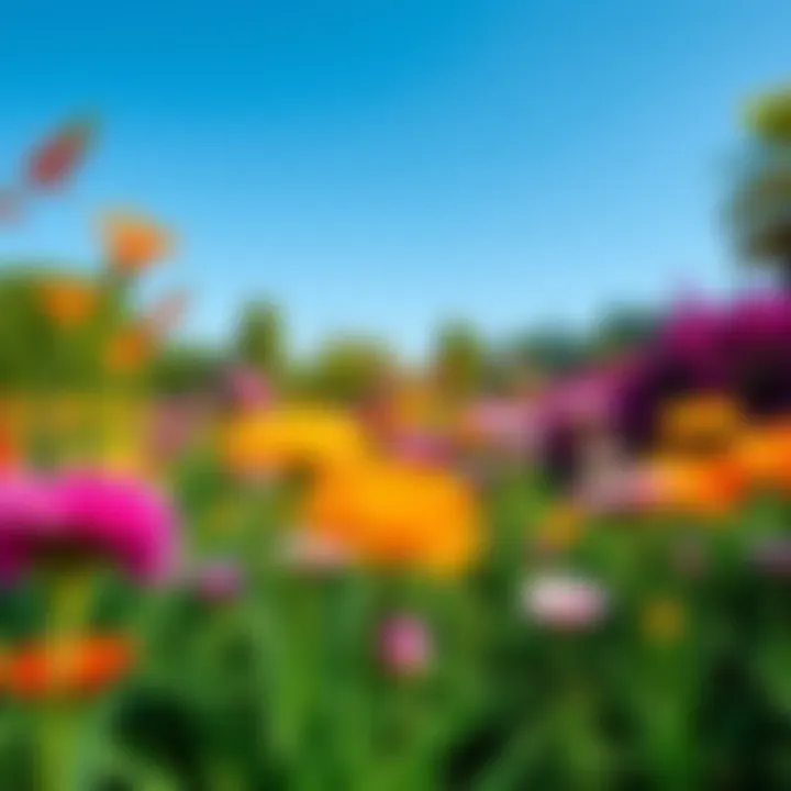 A vibrant garden filled with colorful autumn flowers under a clear blue sky