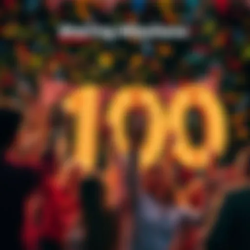 A group of people joyfully celebrating reaching the goal of 100 shares with confetti and banners.