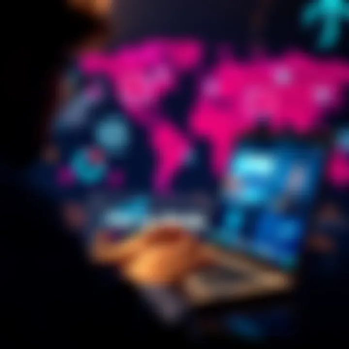 A person using a laptop to share articles on the EchoDeck app, showing various web feeds and a global map in the background.