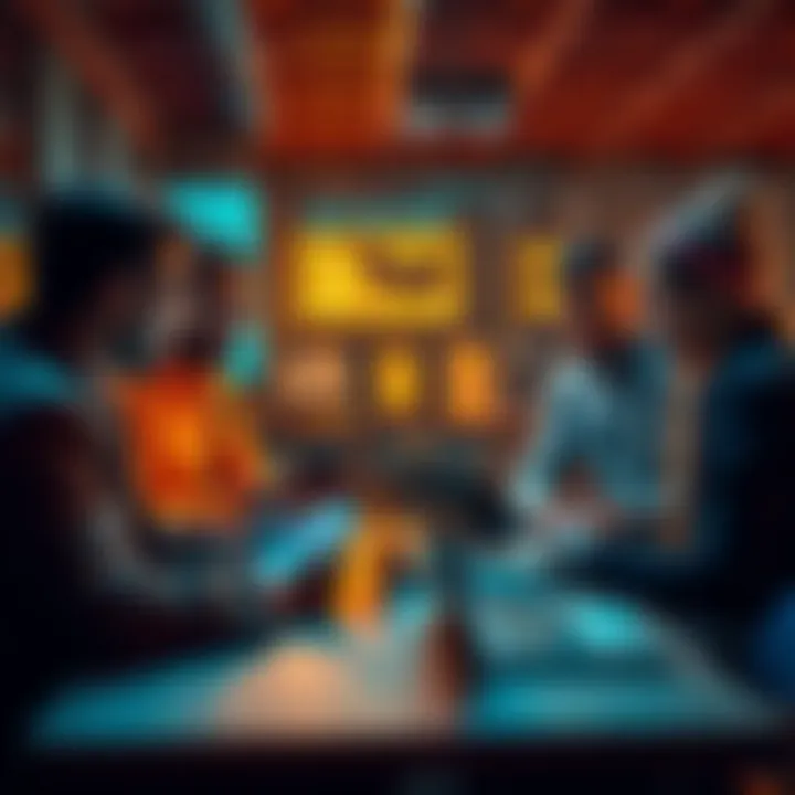 A group of blockchain enthusiasts discussing the SherCoin prototype on laptops and tablets, sharing ideas and feedback for peer-to-peer commitments.