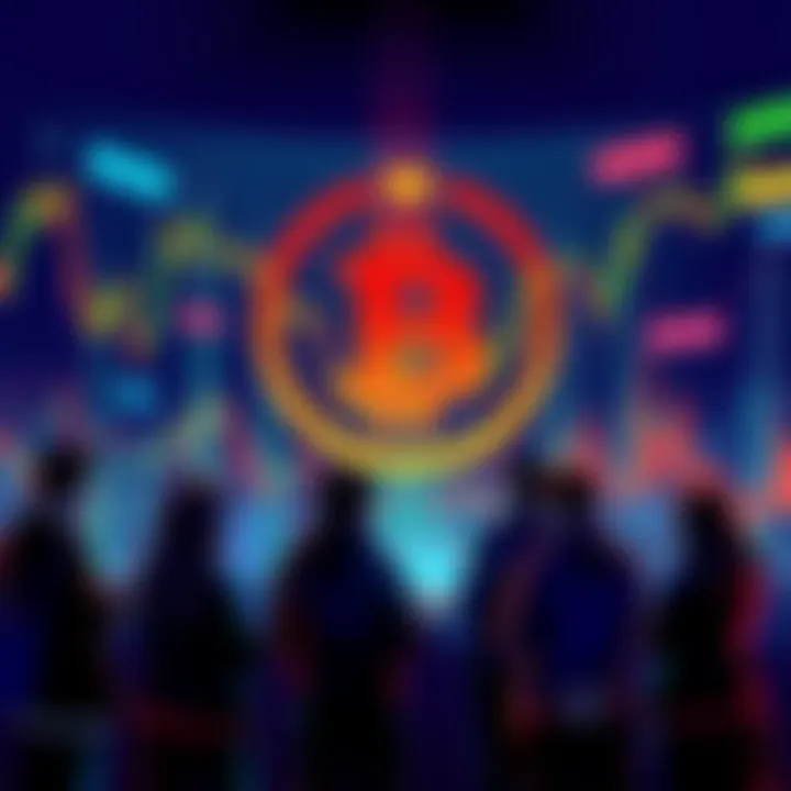 Group of people discussing cryptocurrency trends with charts and graphs in the background