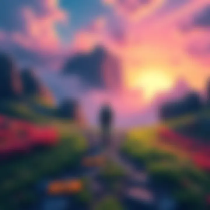 A person standing at a crossroads in a colorful landscape, considering paths marked 'Buy Shib' and 'Sell Shib', symbolizing choices in cryptocurrency investment.