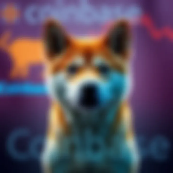 A Shiba Inu dog in front of a bullish flag pattern, symbolizing market momentum, with Coinbase branding in the background.