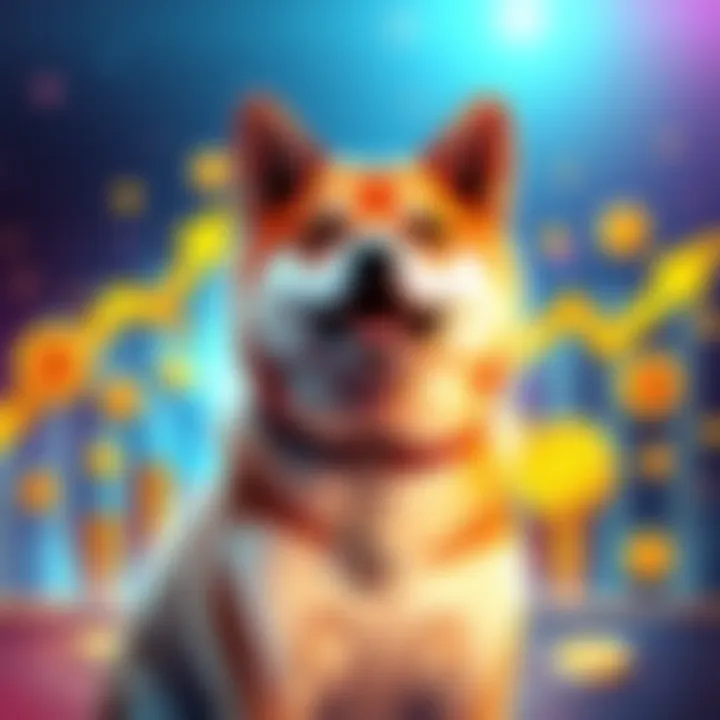 A Shiba Inu dog symbolizing cryptocurrency, surrounded by coin graphics and upward trend arrows, representing growth and investment potential.