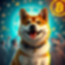 A Shiba Inu dog looking cheerful with a background of crypto symbols and community support