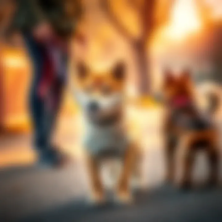 A Shiba Inu puppy standing calmly on a leash during a walk, while another dog approaches from a distance.