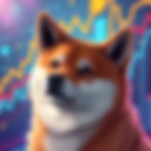 Illustration of a Shiba Inu dog with a background of rising cryptocurrency graphs and charts