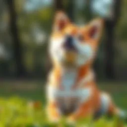 A playful Shiba Inu puppy sitting on grass, looking up with bright eyes.