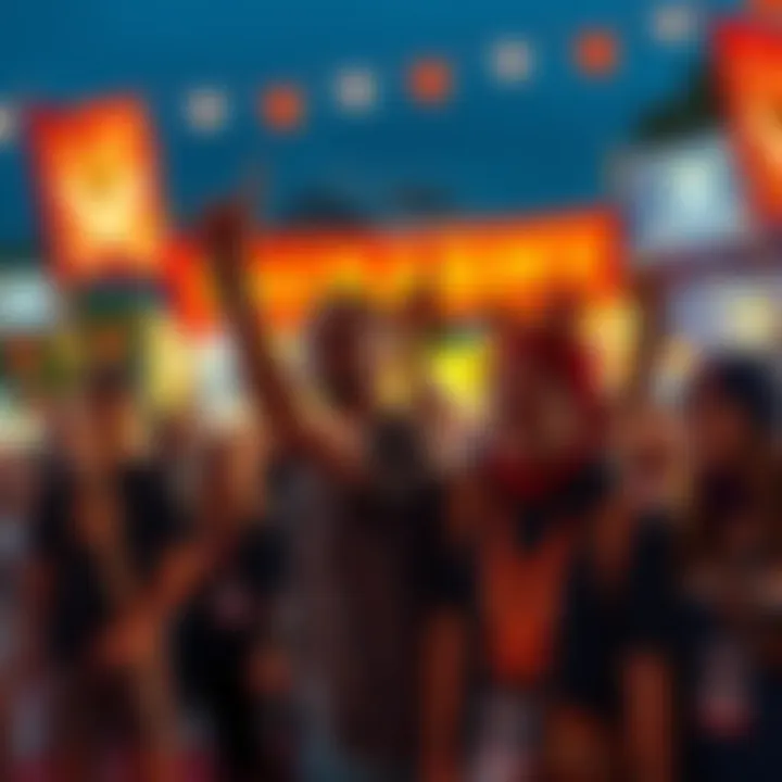 A diverse group of people celebrating together with Shiba Inu cryptocurrency banners and merchandise at an outdoor event.
