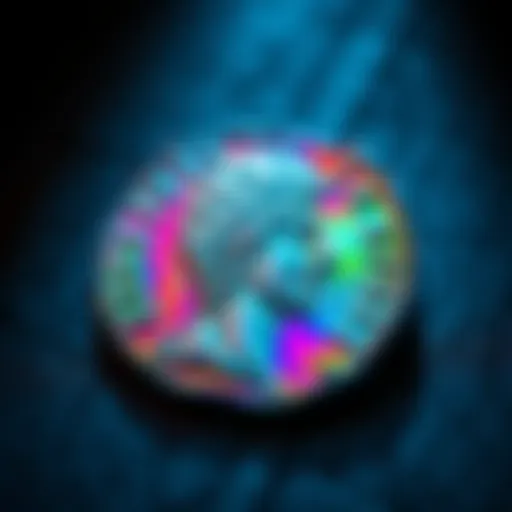A close-up view of an ancient AR Denarius showing its vibrant rainbow hue under light