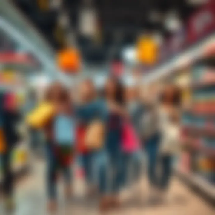 A group of excited shoppers holding bags filled with discounted items and celebrating savings together in a store.