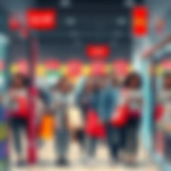 A group of happy shoppers exploring stores filled with sale signs and discounts