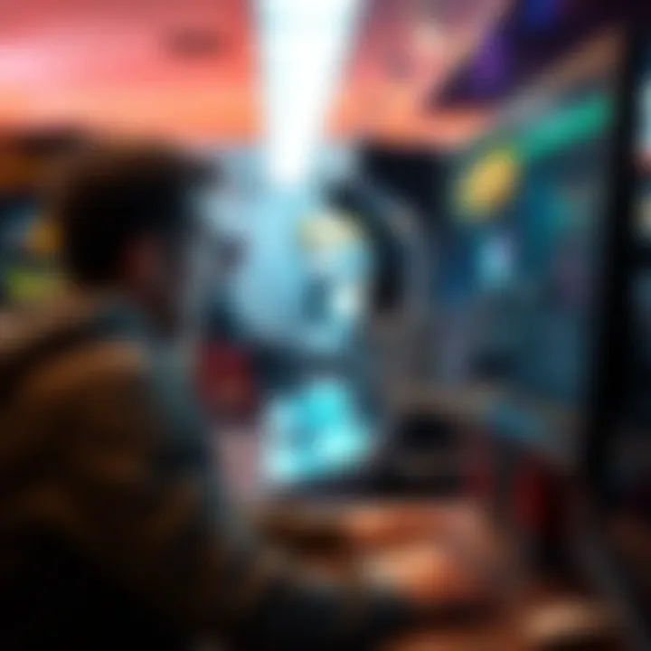 A frustrated person looking at a shopping cart on a computer screen with arcade games in the background