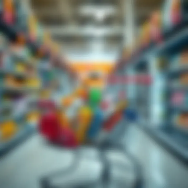 A shopping cart filled with various products in a retail store, highlighting consumer choices and responsibilities.