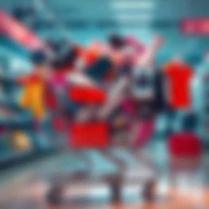 A shopping cart filled with various unnecessary items like gadgets and clothes, illustrating consumer impulse buying.