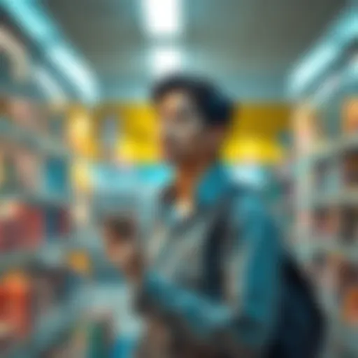 A person standing in a store holding a product with a thoughtful expression, considering whether to buy now or wait for lower prices.