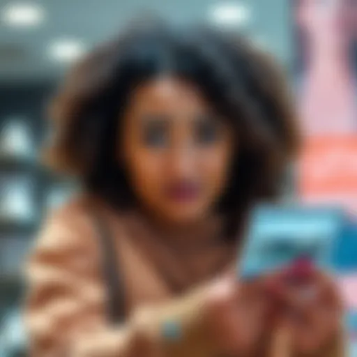 A worried shopper looking at a blank shopping page on a device, expressing confusion about the missing feature.