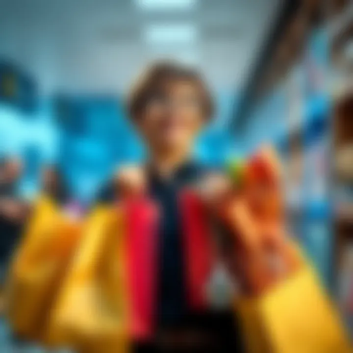 A person holding shopping bags filled with various items, smiling as they think about future benefits of their purchases.