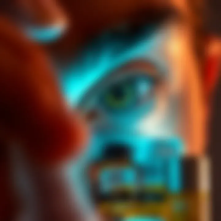 Close-up of a person's eye showing short eyelashes, with peptide and NAD+ supplements nearby.