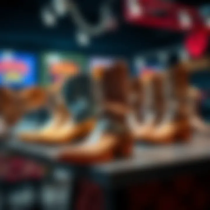 A close-up of stylish short-heeled Western boots arranged on a table, showcasing their modern design.