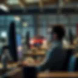 A focused person sitting at a computer during an online car auction, keeping quiet while placing bids