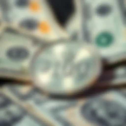 A shiny silver coin showing the $100 mark with a backdrop of currency symbols