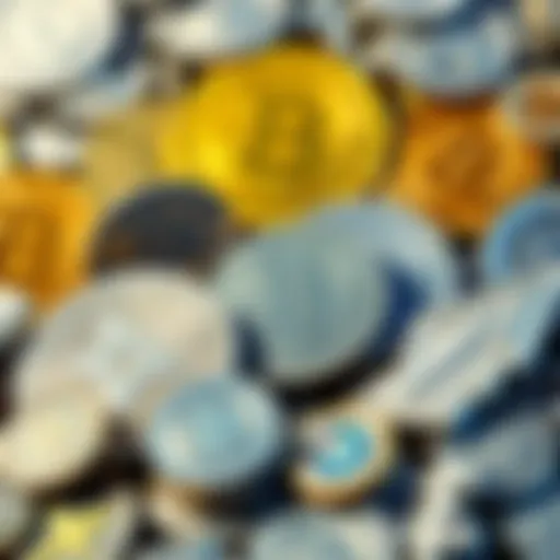 A collection of silver coins alongside popular cryptocurrency symbols, indicating rising market trends.