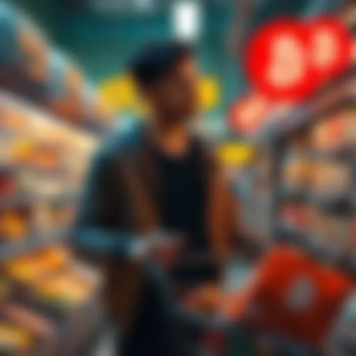 A person shopping at a grocery store with digital cryptocurrency symbols around, showing a straightforward approach to buying digital assets.