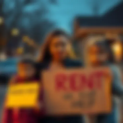 A 29-year-old single mother with three kids, holding a sign asking for rent assistance, showing determination and hope.