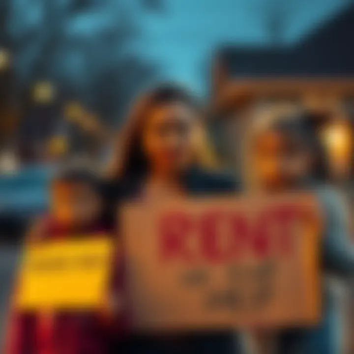Single mom with children looking for help A 29-year-old single mother with three kids, holding a sign asking for rent assistance, showing determination and hope.