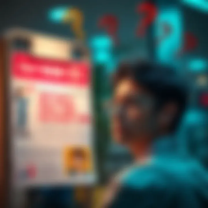 A worried person looking at a financial advertisement focused on a single account type for salaries and investments, with question marks above their head.