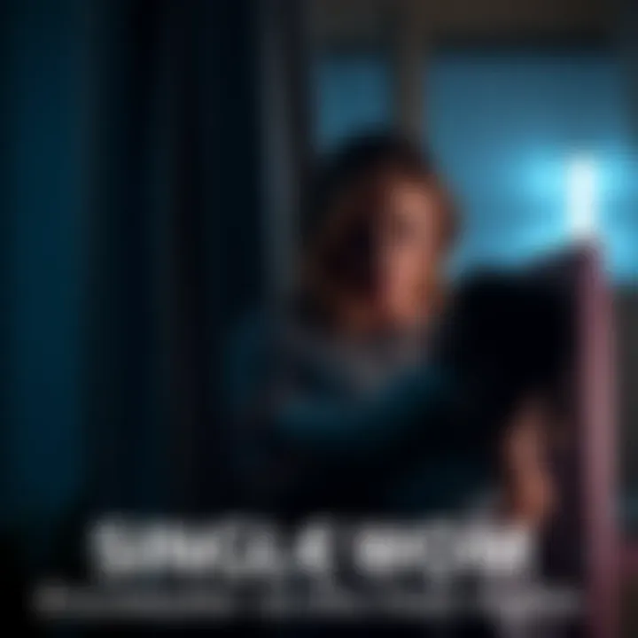 A single mom looks worried while holding her daughter in their dimly lit condo, with shadows looming around the window.