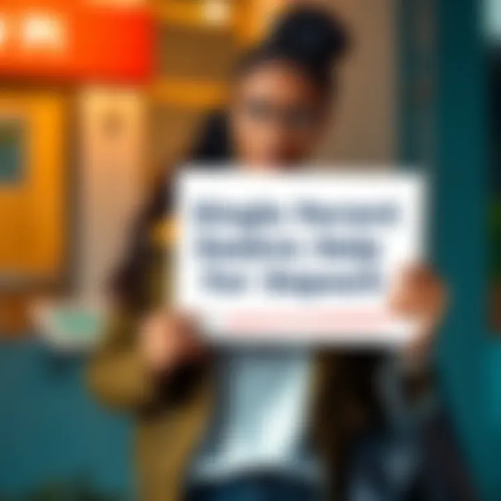 A single parent with a worried expression holding a sign asking for help with rent deposit
