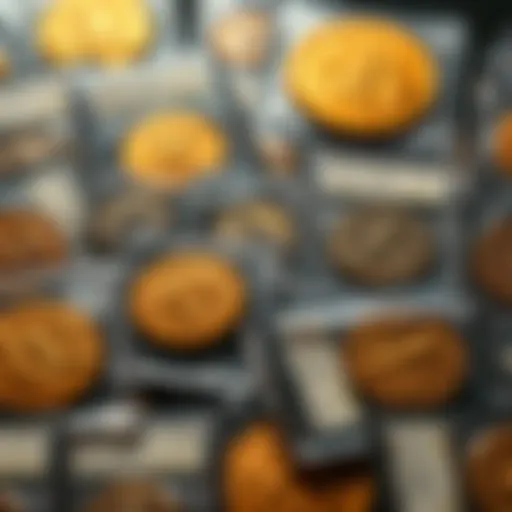 A collection of ancient coins displayed in protective slabs with labels showing their grades