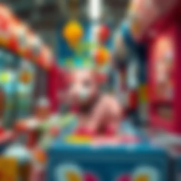 A cute small pink cow figurine sitting on a colorful display at a Japanese gacha store