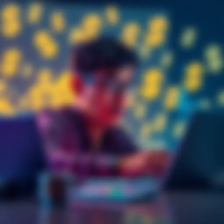 Small investments in crypto A person analyzing cryptocurrency trends on a laptop with dollar signs in the background