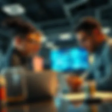 A group of smart contract auditors discussing strategies and reviewing code on laptops for Web3 contests